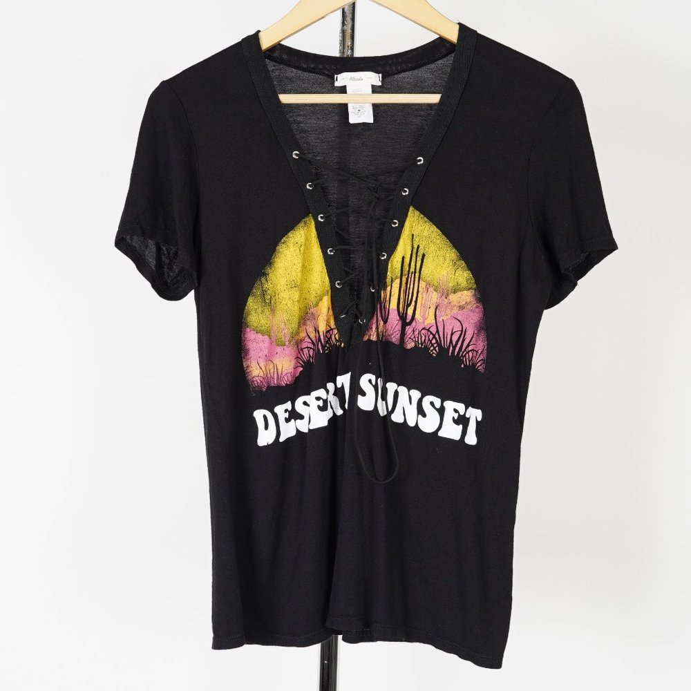 Atticute Women's Casual Lace UP V-Neck Short Sleeve Shirt In Black Size XS